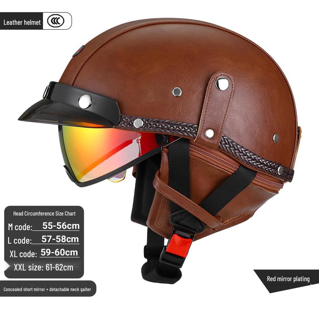 3C Certified Retro Leather Electric Motorcycle Half Helmet with Detachable Neck Guard for Men and Women - Model AF-R09