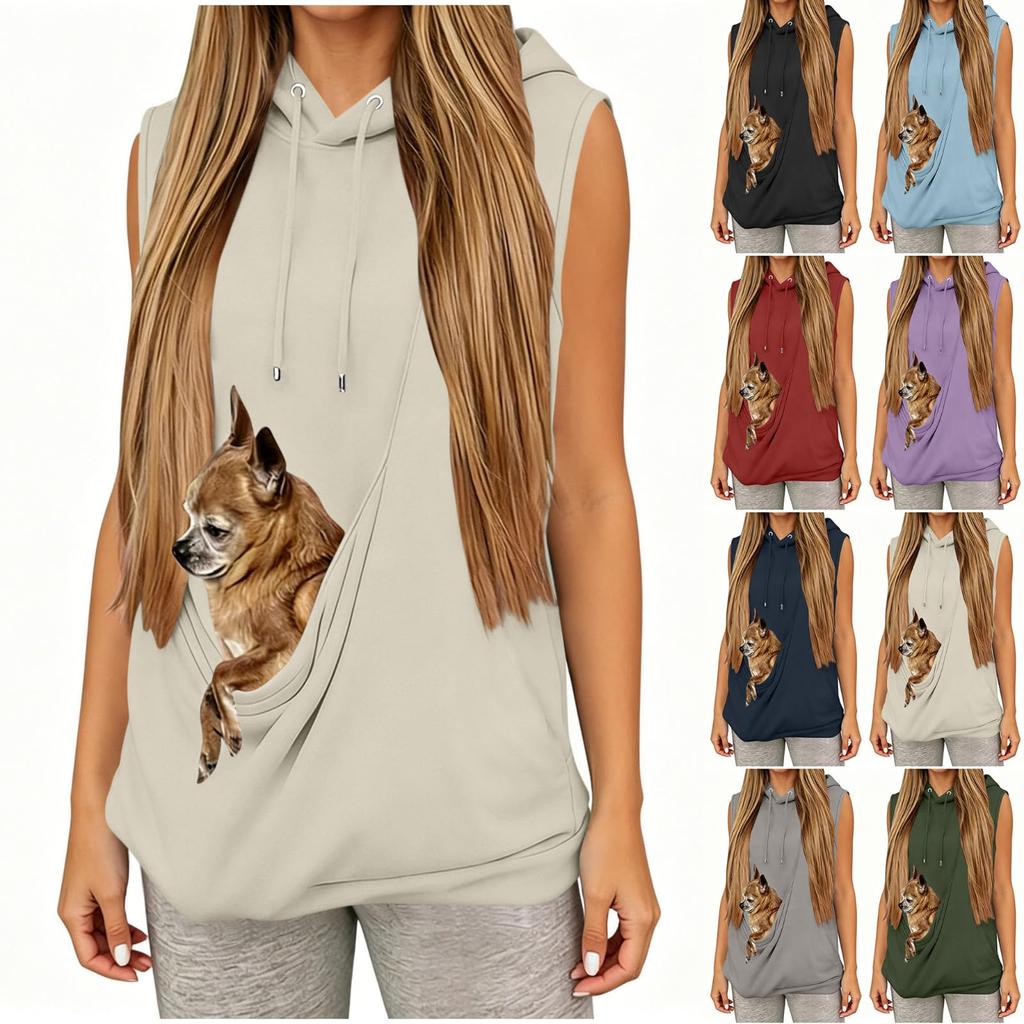 Sweat à capuche sans manches avec poche avant pour animal de compagnie Pull Sweatshirt pour femmes Léger Décontracté Porte-animal de compagnie Haut pour petits chiens Chats
