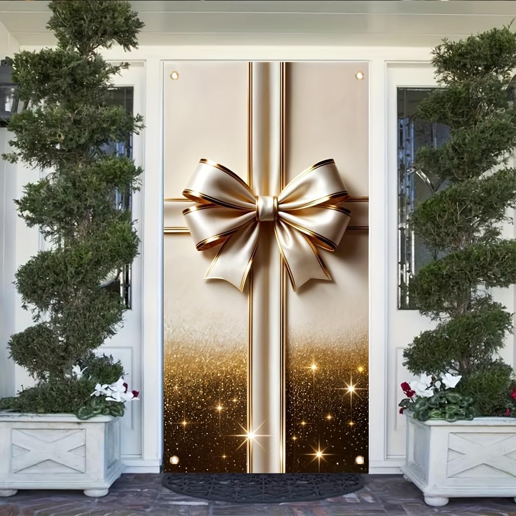 Door Cover Golden Gift Box Bow 71x35 Inch Decorative Holiday Front Door WrapChristmas Party Wedding Birthday Celebration Indoor Qutdoor Decoration