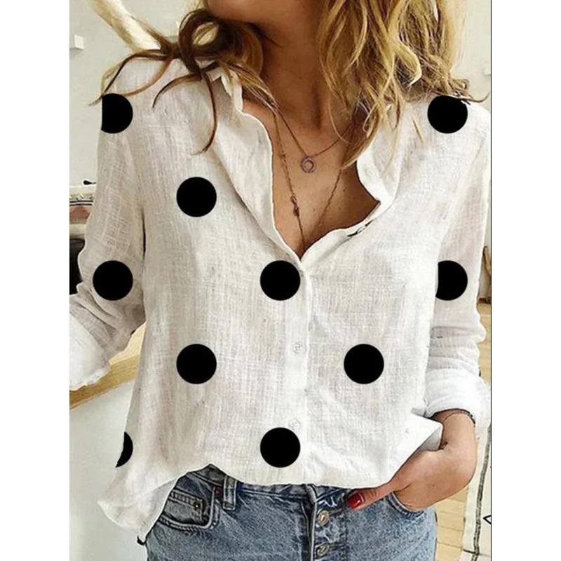 

YYFS Женская мода Повседневная весна-осень Горошек Принт Длинный рукав Поло Воротник Блузки и рубашки M