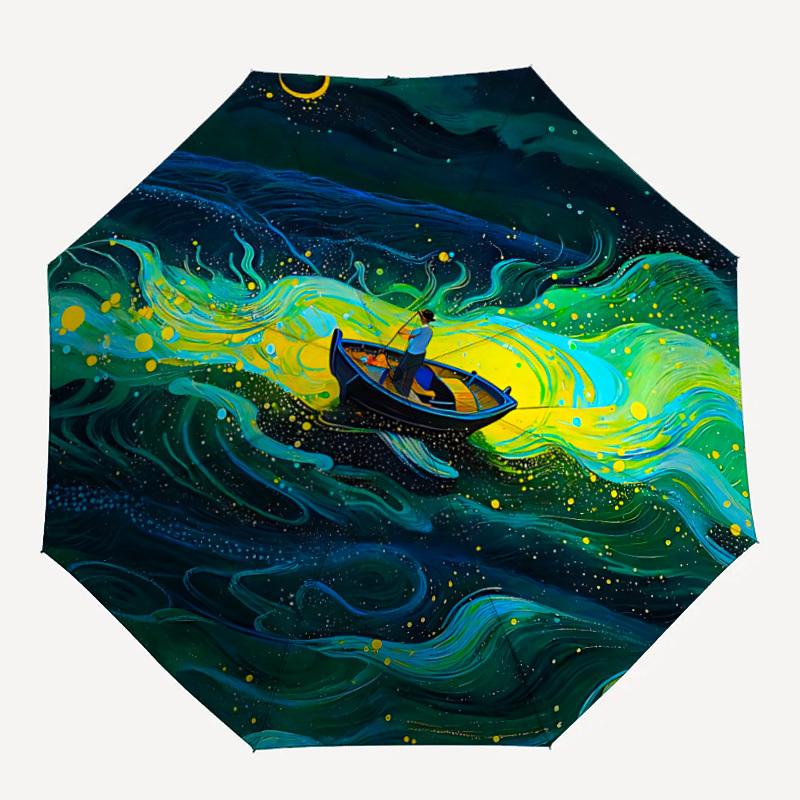 1pc Boat Journey Nautical Dreams Automatic Open/Close Umbrella with Windproof, Functional Design, 8-Rib Sturdy Canopy