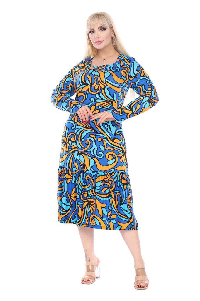 Women's Big Size Dress Square Neck Long Sleeve Turquoise Patterned Plus Size Midi Dress