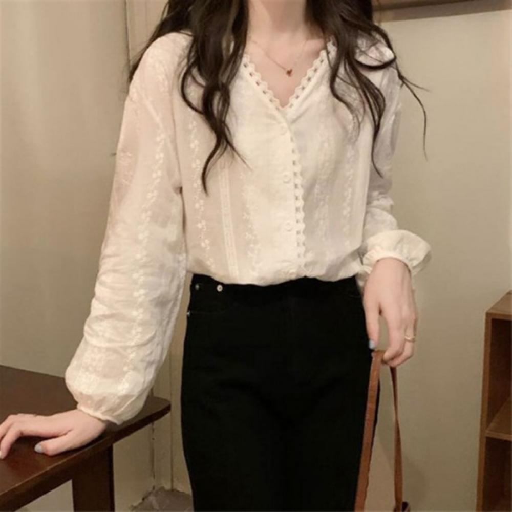 New ArriVals Open Run Women White V Neck Long sleeVe Lace Blouse Punching Design