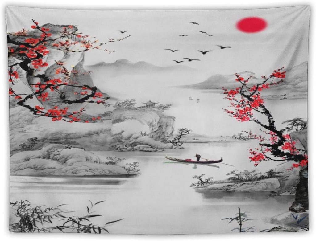 Japanese Red Geisha Tapestry Asian Cherry Blossom Traditional Kimono Folk Tapestries Home Decor Living Room Bedroom Apartment