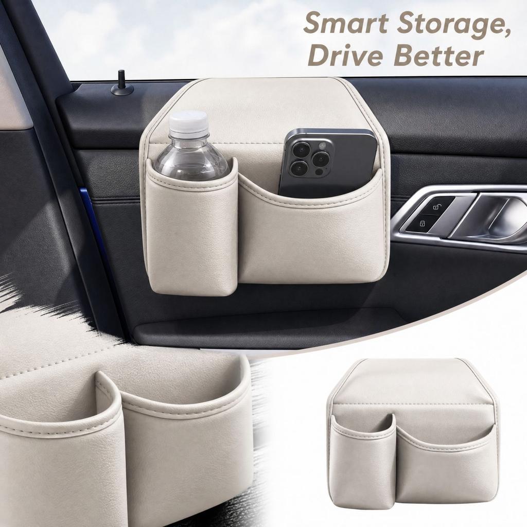 Car Door Storage Box with Cup Holder and Phone Pocket, Multifunctional Vehicle for Beverages and Small Accessories