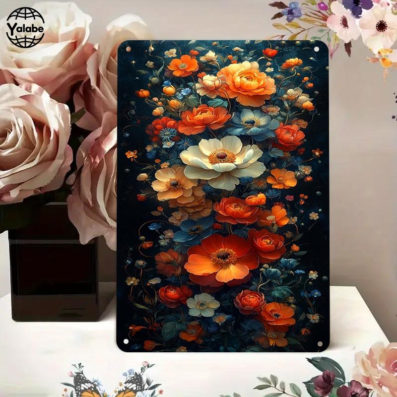 [2D Flat] Two Vintage Floral Tin Artworks Showcasing Bright Flowers On a Dark Background, Ideal for Beautifying The Interiors of