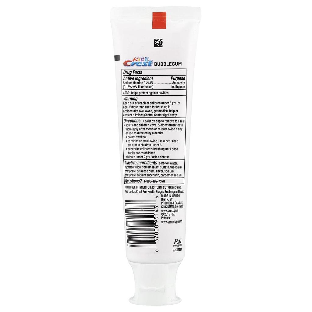 Children's, Cavity Protection, Fluoride Cavity Prevention Toothpaste, Bubble Gum, 119G(4.2Oz)
