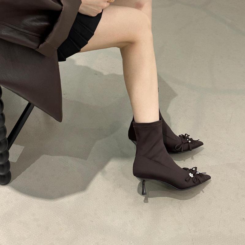 2025 autumn and winter new pointed thin heel short boots European and American fashion high heel thin boots rhinestone versatile short fashion boots