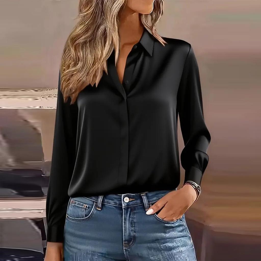 Women's Fashion Casual Solid-Colour Long-Sleeved Versatile Shirt Collared Blouse