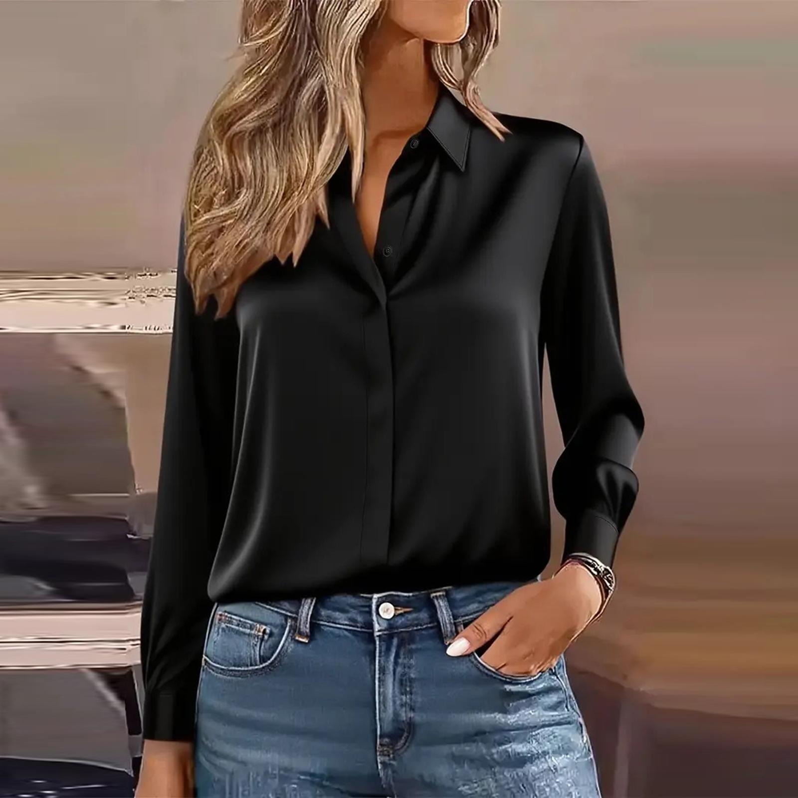 

Women s Fashion Casual Solid-Colour Long-Sleeved Versatile Shirt Collared Blouse L