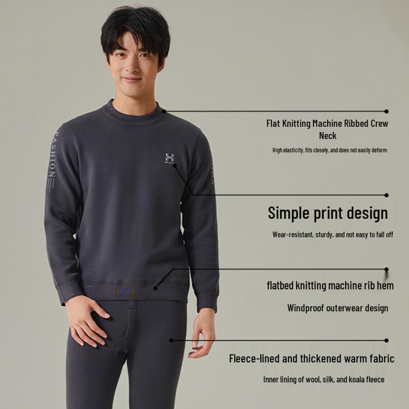 Men's Teen Fleece-Lined Thermal Set: Extra Thick Crew Neck Top & Trousers for Autumn/Winter Wear.