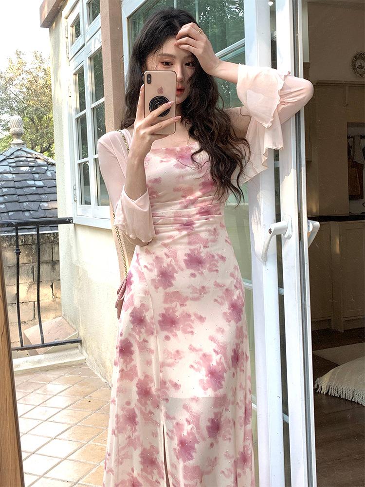 Thirteen Lines Floral Ink Wash Camisole Cardigan Dress - Spring Waist-Slimming Design