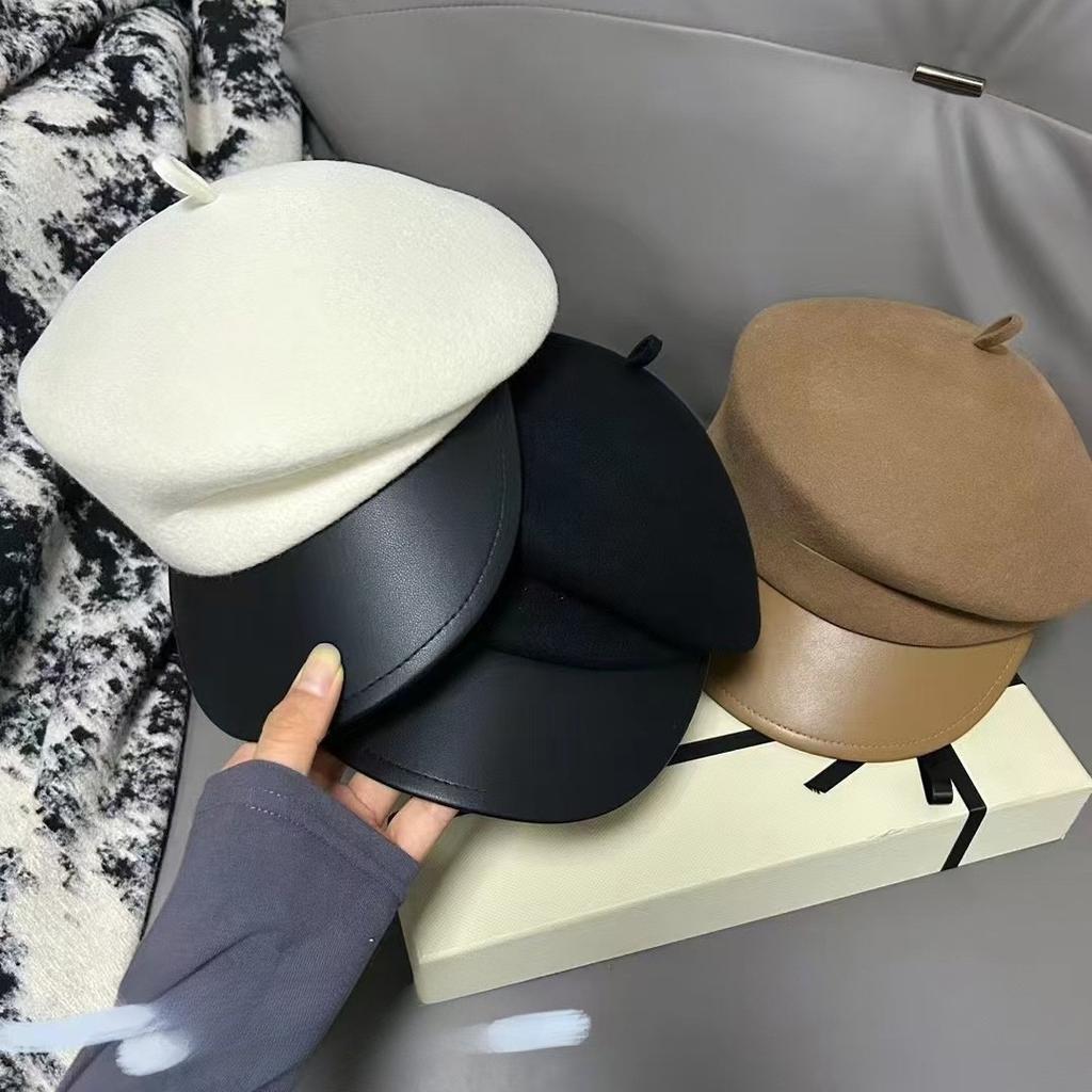 French Elegant Wool and Leather Octagonal Hat Women's Autumn and Winter Trendy Versatile Little Painter's Hat  Newsboy Hat