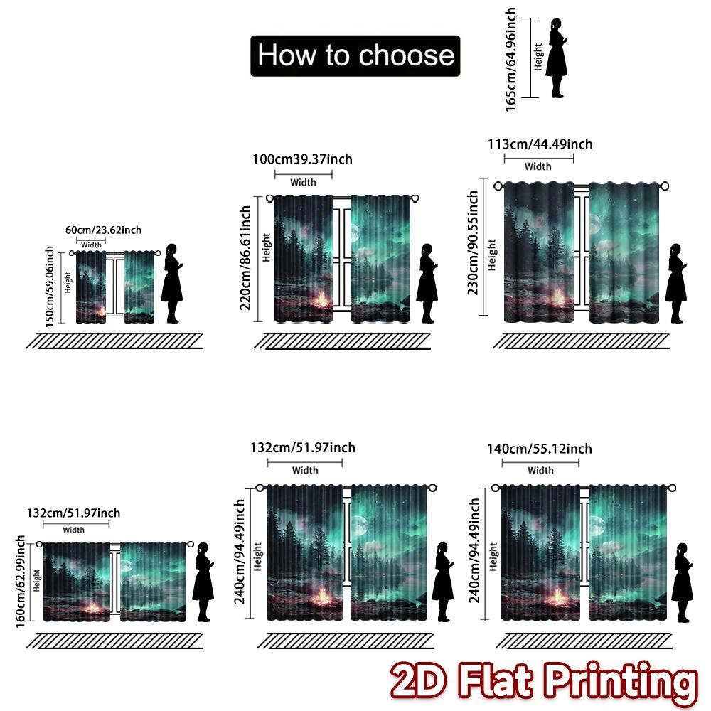 2D flat printing 2pcs Curtain Scene Curtains Moonlit Aurora Campfire Digital Printed Polyester Drapes Holiday Decorations for