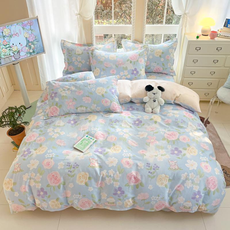 100% Cotton Bed Four-piece Set Skin-friendly Breathable Quilt Cover Bed Sheet Pillowcase Set Pastoral Small Flower