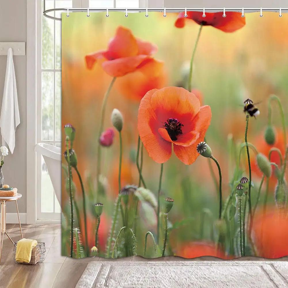 Red Poppy Flower Shower Curtain with Hooks, Washable Fabric, Bathroom Curtains, Floral