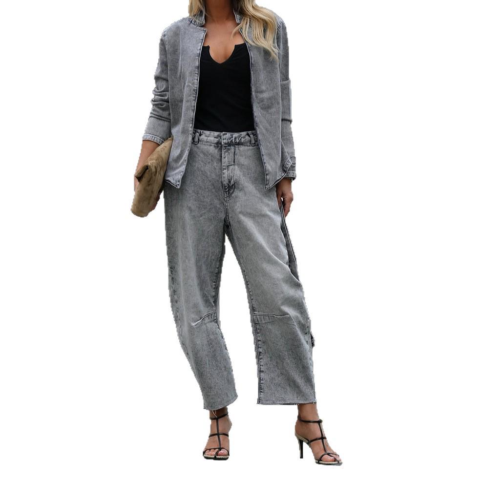 Damen Streetwear-Set im europäischen & amerikanischen Stil: Schmale Jeansjacke & Hose