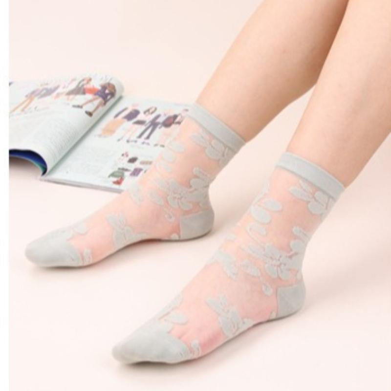 Summer Women Socks Ultra-thin Transparent Crystal Silk Socks Women Cartoon Print Japanese Kawaii Cute Funny Elastic Long Socks
