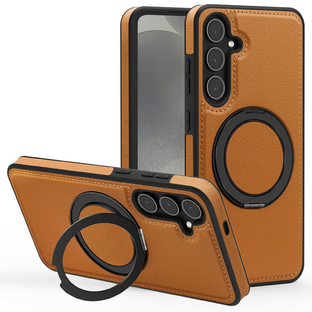 For Samsung Galaxy S25+ Case with Ring Kickstand Magnetic Case PU Leather Back Cover