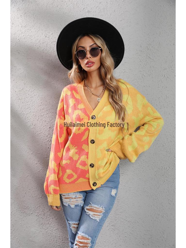 European & American Leopard Print Knitted Cardigan: Autumn/Winter, Mid-Length, Round Neck, Single-Breasted, Streetwear Style, Plus Size Sweater