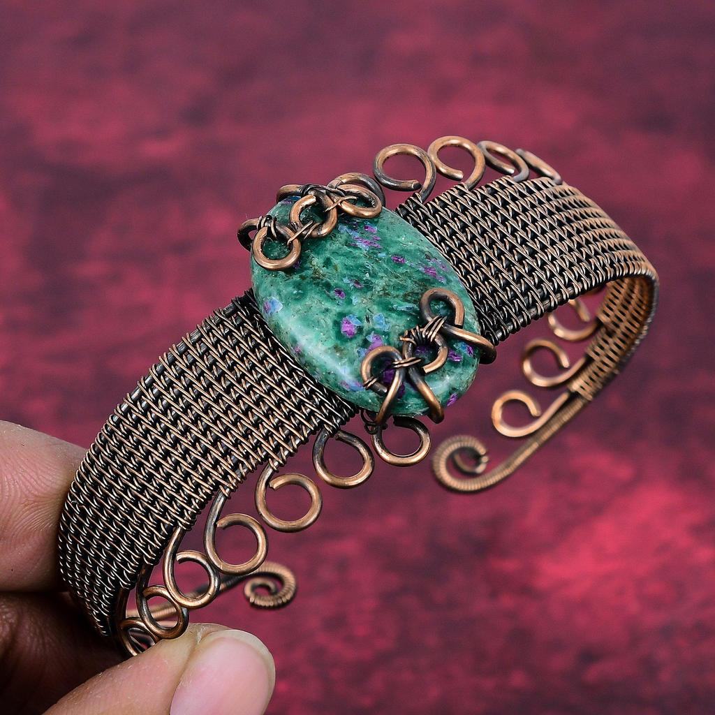 Ruby Fuchsite Bangle Adjustable Cuff Bracelet Copper Wire Wrap Gemstone Jewelry
