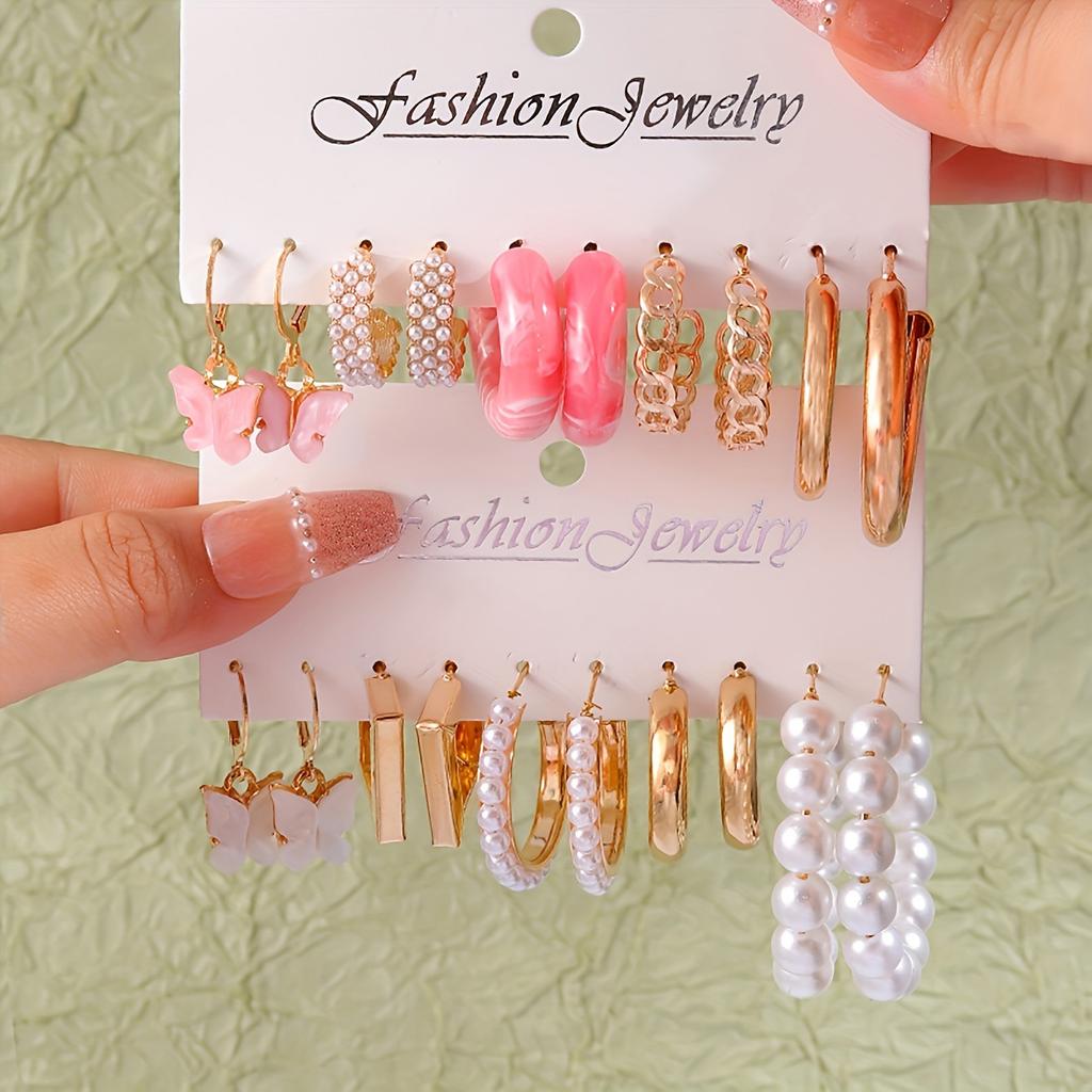 Fashion Imitation Zircon Bead C-shaped Earrings Bohemian Acrylic Pink Butterfly Pendant Hoop Earring Women's Summer Beach Zircon