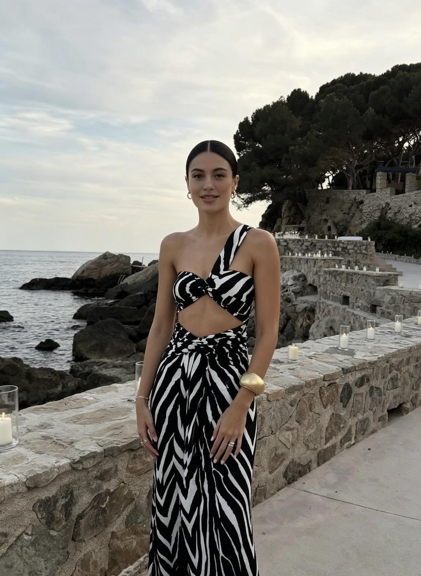 2026 European and American Vacation Style Single Shoulder Strap Printed Backless Sexy Dress for Women S чёрный