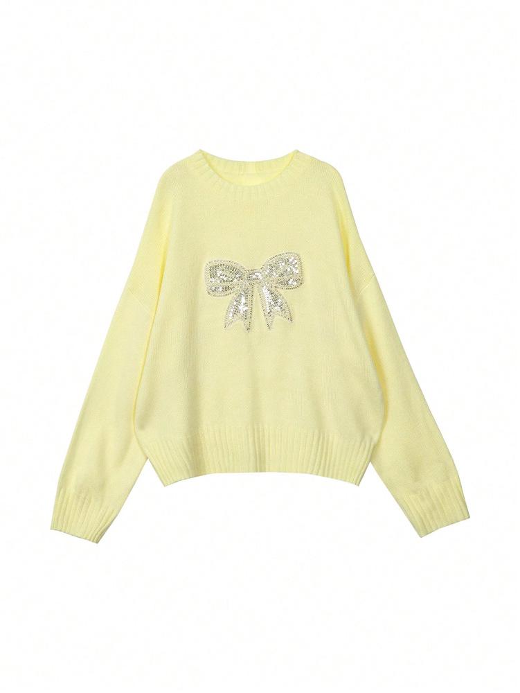 2025 Trendy Versatile Shiny Pearl Bow Slimming Pullover Sweater for Women