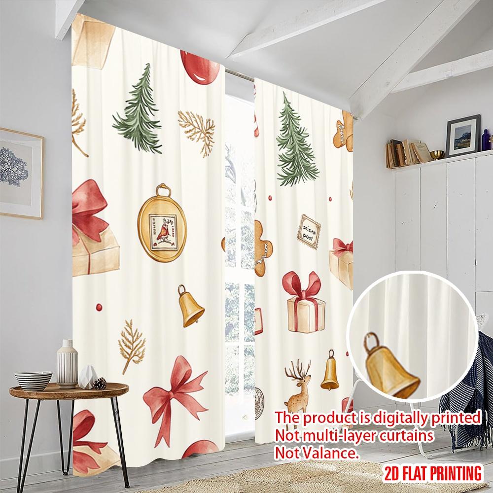 2pcs,2D Plane Printing Window Curtain Christmas Bells Bows Delivery Versatile Durable Polyester (without Rod) Decorations For