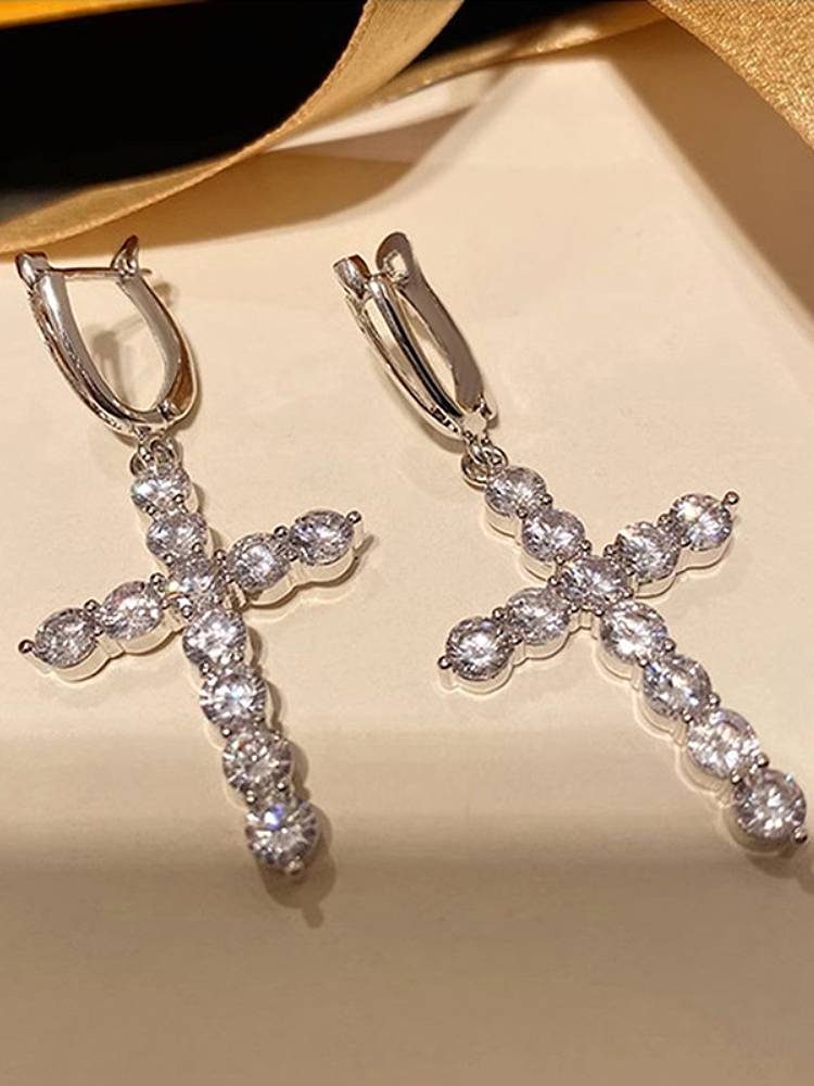 

Huitan Luxury Cross Design Women Drop Earrings Inlaid Shining CZ Trendy Party Daily Versatile Lady Accessories Chic Zircon