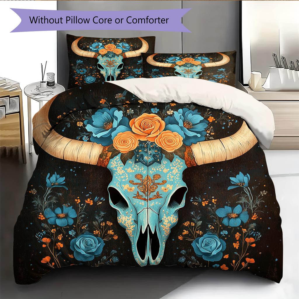 Cow Skull Pattern Bedding Home Decoration Birthday Gift (1 * duvet cover + 2 * pillowcase, without core)