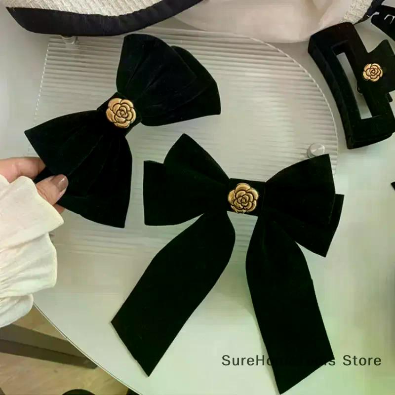 Nouvelles épingles à cheveux en velours noir avec nœud et ruban, élégantes pinces à cheveux camélia en tissu pour femmes, accessoires de coiffure tendance pour queue de cheval