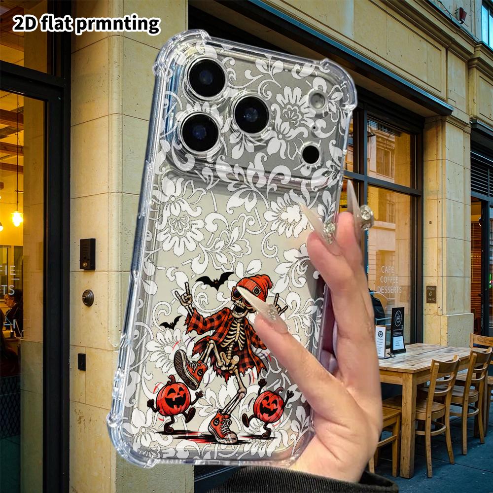 Phone Case: 2D Flat, Fits iPhone 18 17 16 15 14 13 Pro, Transparent Four Corner Protection, Rock Skull, Christmas and Halloween Gift