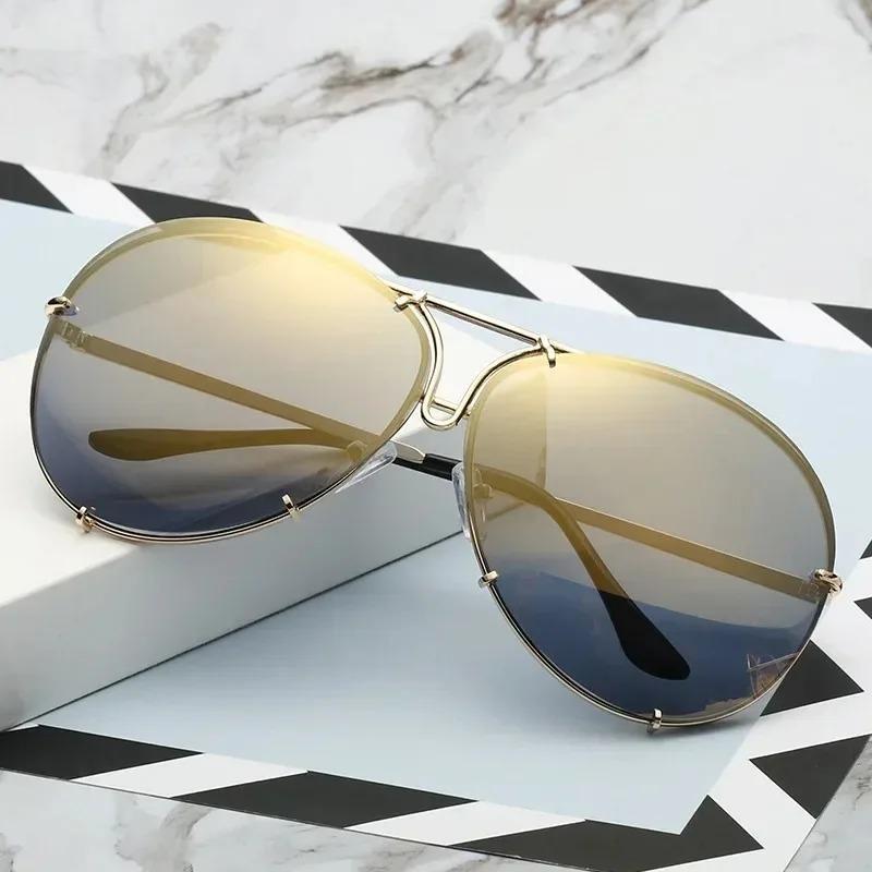 Vintage Rimless Alloy Aviation Pilot Sunglasses for Men Women Brand Gradient Sun Glasses Female Metal Oval Shades Black Brown