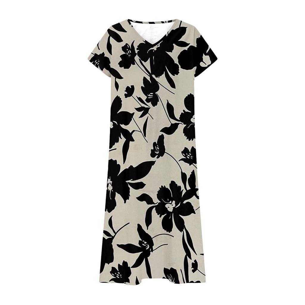 Summer Dress Women's Long Boho Beach Dress Elegant Maxi Dress V-Neck Short Sleeve Summer Tunic Dress Light Airy