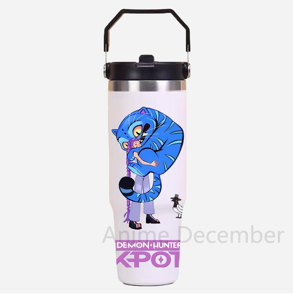 30Oz Anime K-Pop Large Capacity Portable Car Cup Stainless Steel Thermos Cup with Straw Handle Travel Sports Water Bottle Vacuum Flask