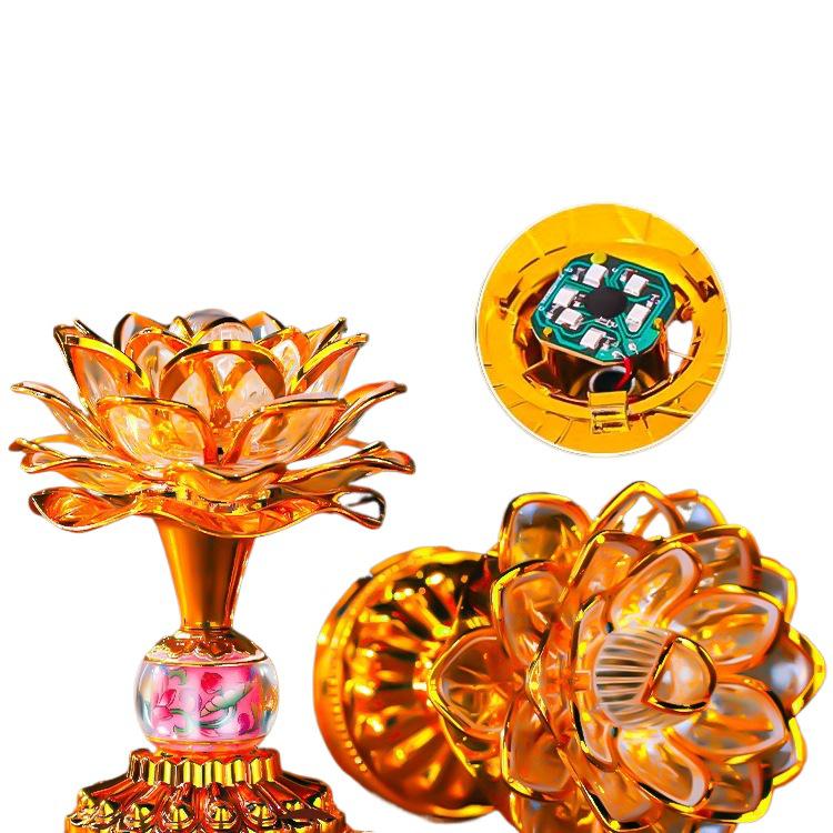 Seven-Color LED Rechargeable Buddha Offering Lamp - Lotus Design for Home and Guanyin Devotion.