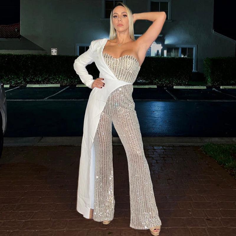 2025 One-Shoulder Silver Splicing Sequin Jumpsuit for Women - European & American Fashion