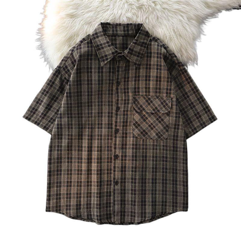 Women's Casual Checkered Shirts Summer New Retro Short Sleeved Clothing Female's Single Breasted Blouses with Pocket