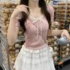 Girly age-reducing Korean sweet bow short-sleeved T-shirt women's summer new fake two-piece short top