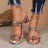 2025 Summer Square Toe Open Toe Women Rhinestone Pattern Comfortable Versatile Round Heel Shoes Fashion Outside Flip-Flops