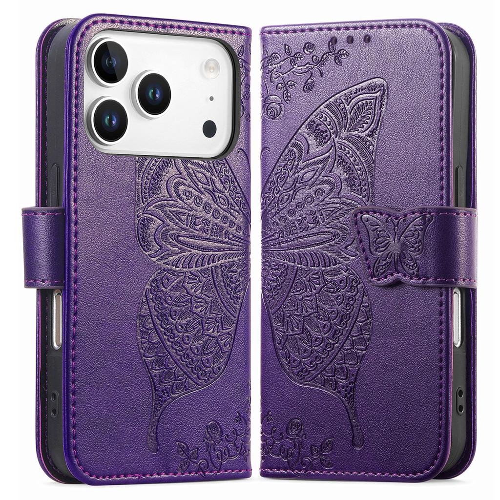 For iPhone 17 Pro Max Case with Strap Butterfly Pattern PU Leather Wallet Phone Cover