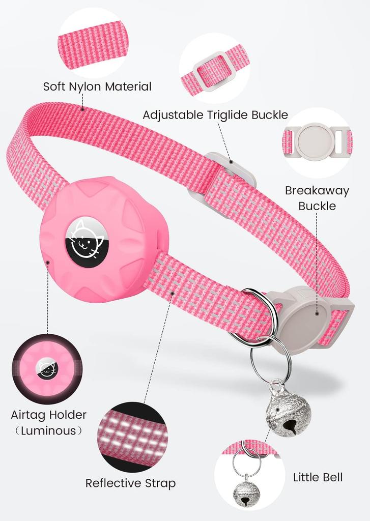 AirTag Cat Collar, Reflective Kitten Collar Detached Cat Collar, GPS Cat Collar with AirTag Bracket and Bell, Lightweight Tracking Cat Collar