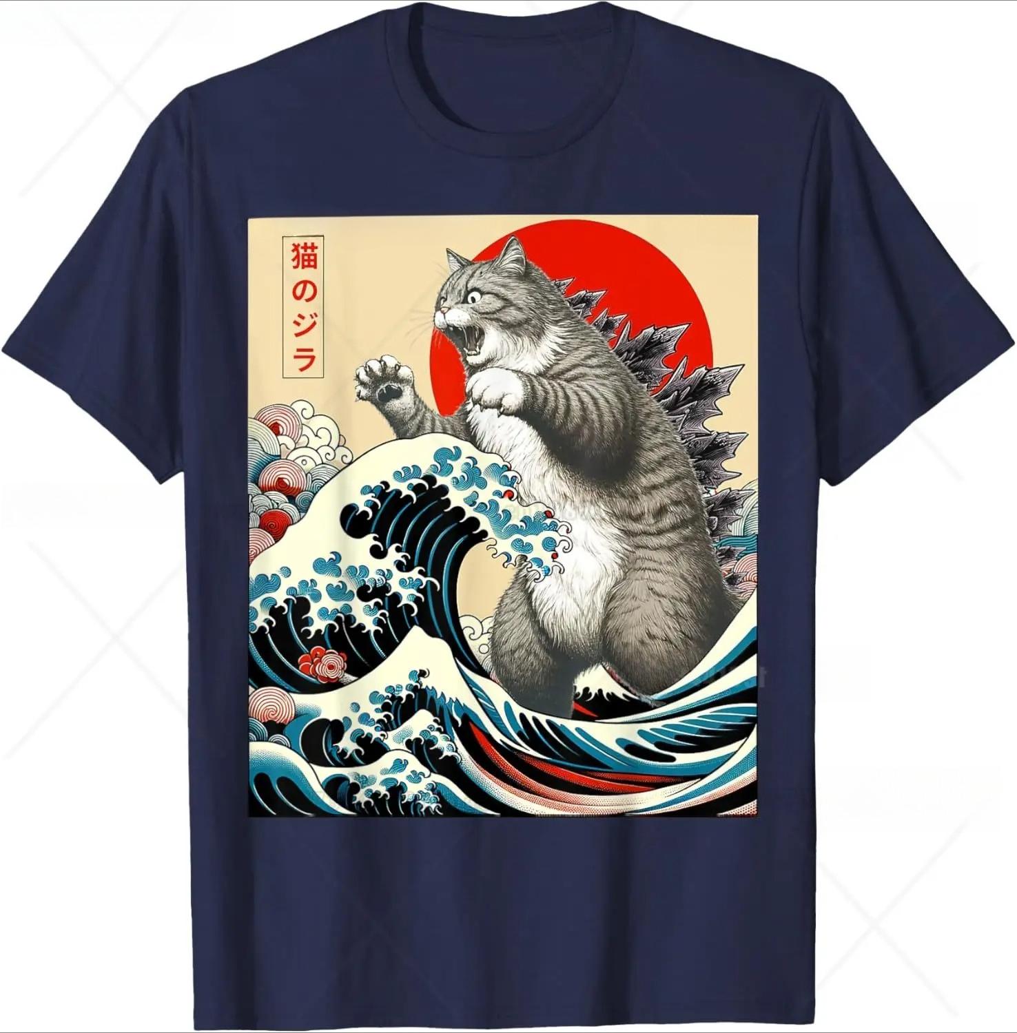 Funny Cartoon Comic Style Japanese Art Catzilla Cat Gifts for Women TShirt Unisex Cotton Oneck Tee Top Fashion Fitness T Shirt S