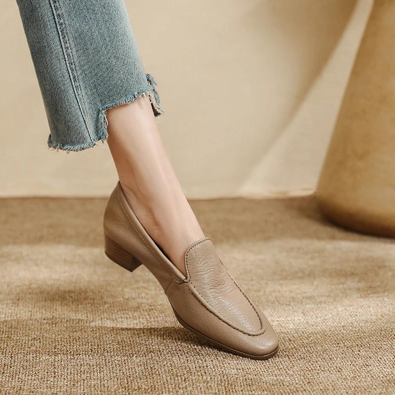 Fashion 2025 New Spring Sheepskin Women Shoes Round Toe Women Pumps Med Heel Loafers Fashion Casual Genuine Leather Mules Ladies Shoes