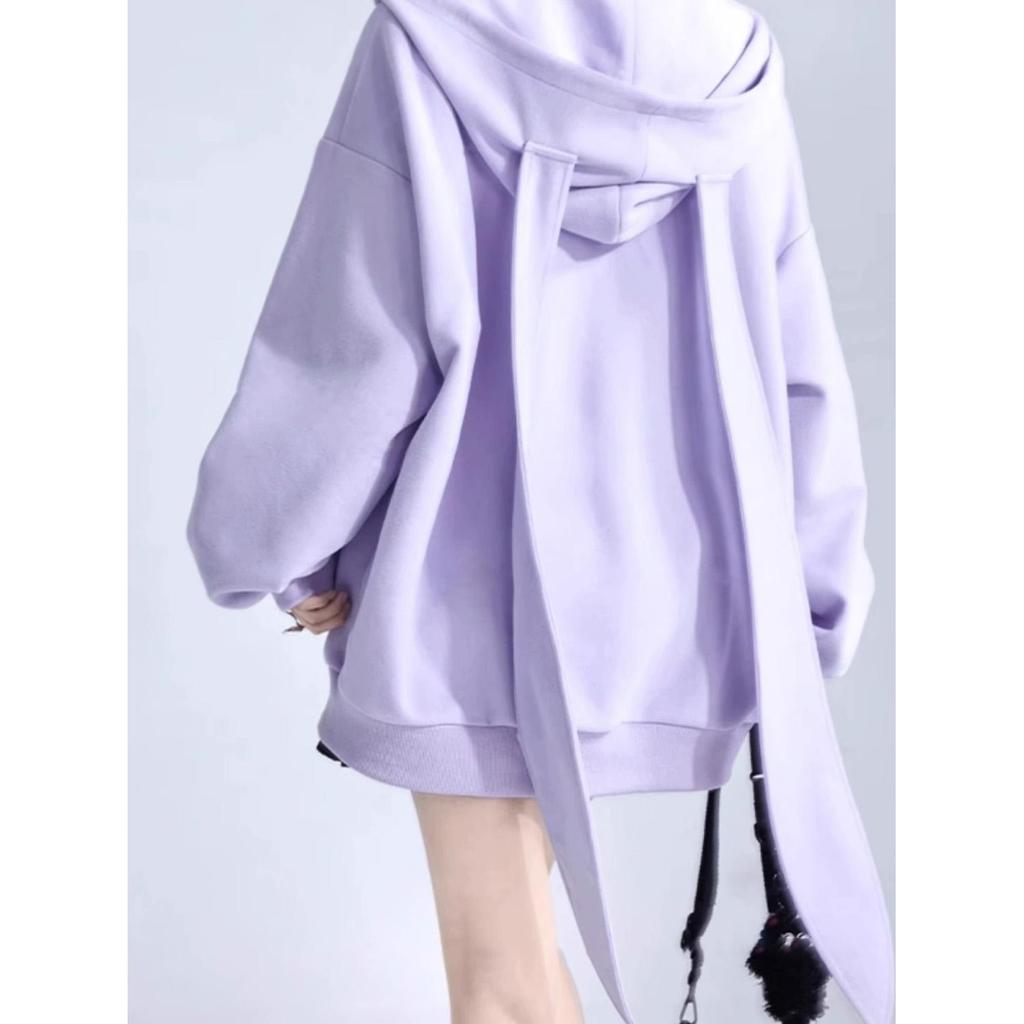 Abnehmbare Hasenohren Lila Kapuzenpullover Damen Locker geschnittene Langarm-Cardigan-Jacke Trendig Herbst Winter