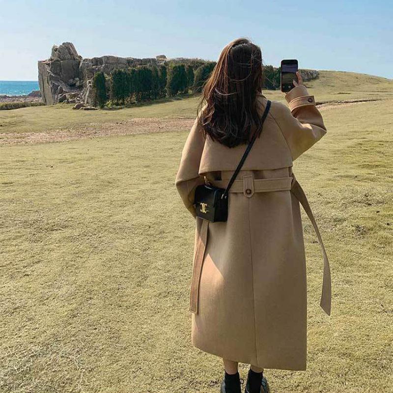 

Женское шерстяное пальто средней длины - осень/зима 2023 г., корейский стиль, свободный крой, утолщенный дизайн Hepburn M recommended 100-120 lbs