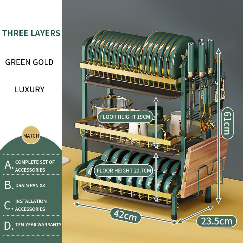 Suport pentru ustensile de bucătărie cu 3 niveluri Suport pentru uscare vase Boluri Bețișoare Placă de tăiat Raft de depozitare Veselă din oțel inoxidabil Scurgere