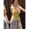 Slim and Thin Solid Color Sleeveless Square Neck Top Summer Sweet Niche Design Bow Sling Vest Women