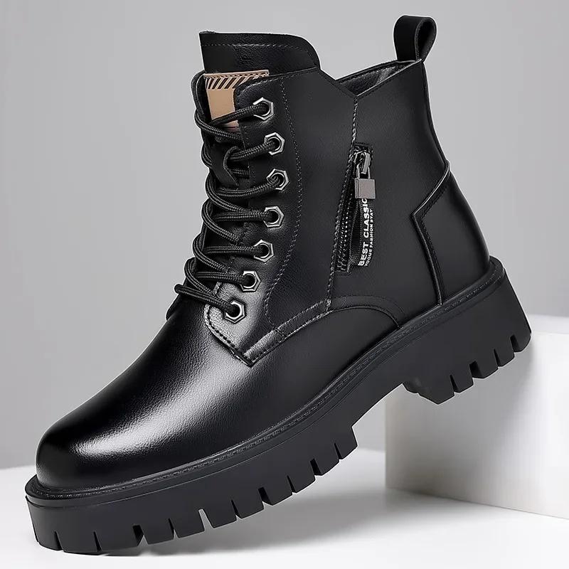 Men Boots High Quality Casual Leather Boot Outdoor Waterproof Leather Winter Booties Plush Warm Cotton Boots for Men Ankle Botas